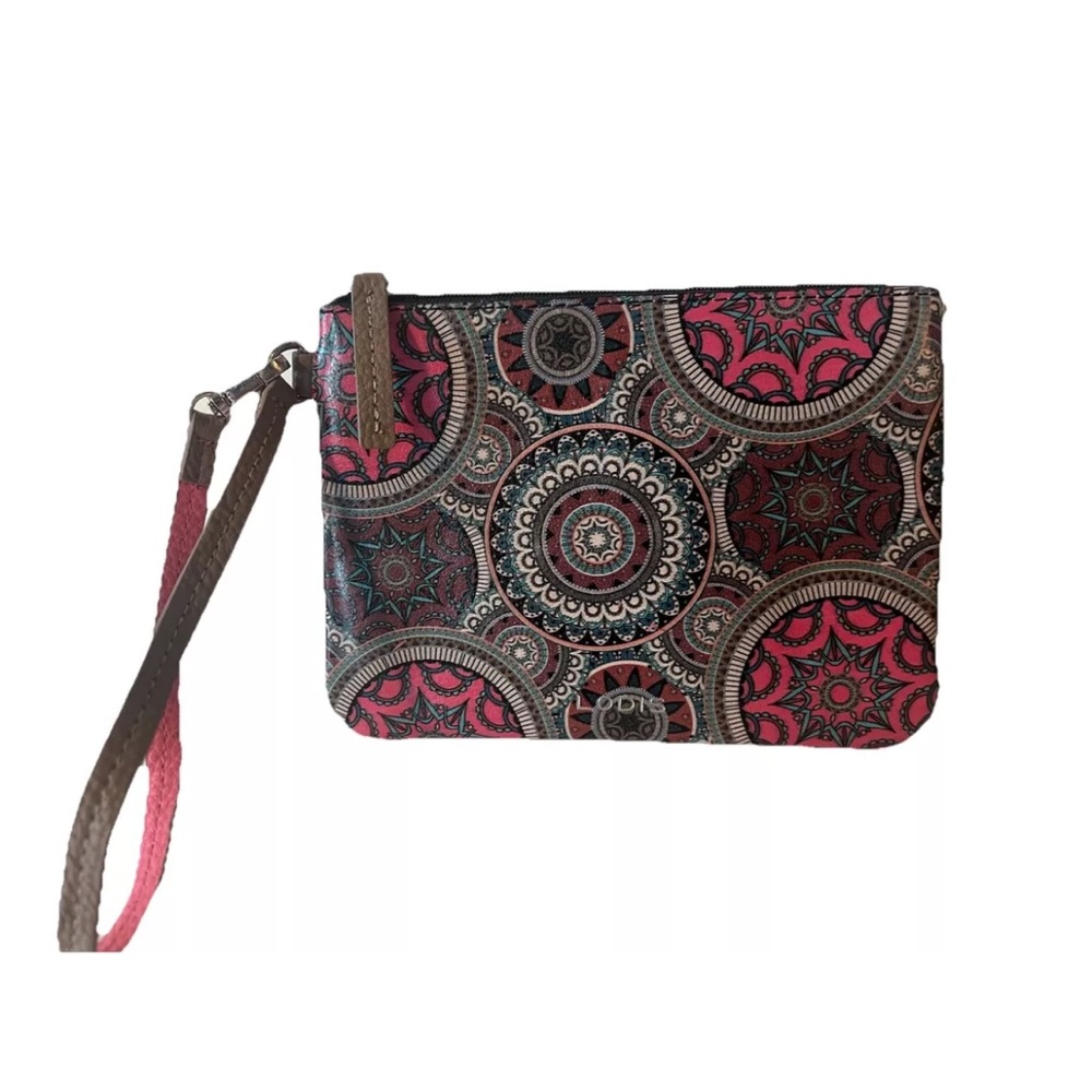 Lodis Printed Leather Wristlet Small Pouch Paisley Pattern Pink Brown Blue